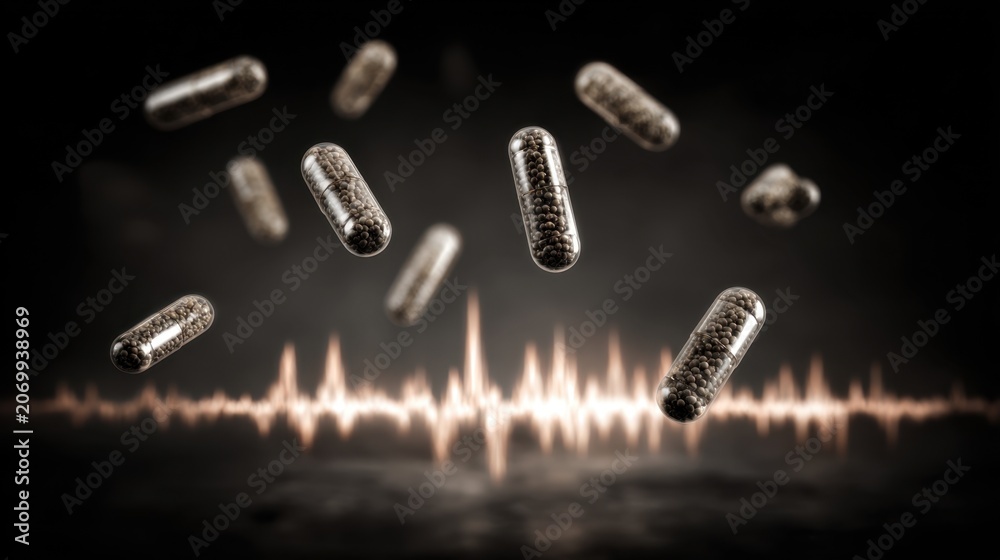 Fototapeta premium Floating Black Capsules Above Sound Wave Illustration in Dark Background with Blurred Smoke Effect