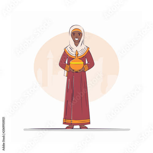 Woman in traditional dress holding golden pot vector illustration