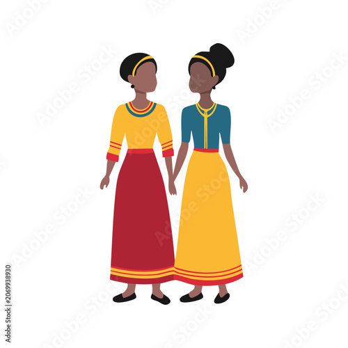 Two women in traditional colorful dresses illustration