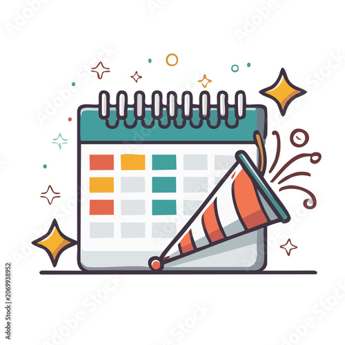 Calendar and party horn flat vector illustration
