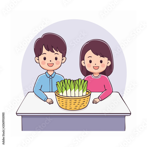 Cartoon children with basket of spring onions on table