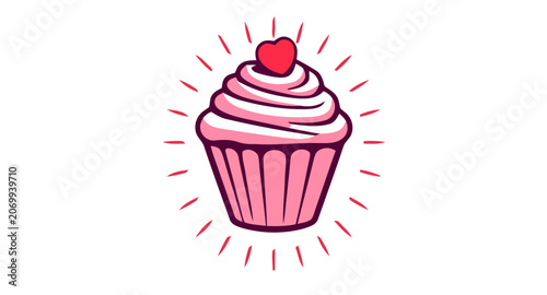 Cute pink cupcake illustration with heart topping and decorative radial lines illustration celebration valentines delicious frosting decorative confectionery romantic affection birthday