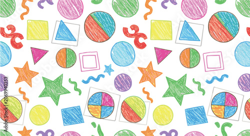 A vibrant and playful seamless background pattern featuring hand-drawn geometric shapes like stars, circles, triangles, and squares with a crayon or colored pencil texture.