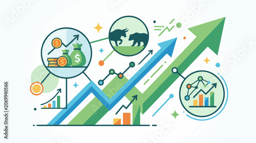 A colorful infographic depicting growing trends with money bull and bear markets
