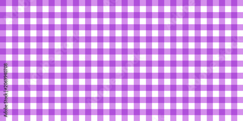 Abstract violet and white gingham grid wallpaper. Minimalist checkered tileable pattern texture for rustic picnic tablecloth and trendy fashion apparel.