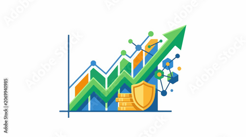 A colorful infographic depicting a growing graph with a shield and stacks
