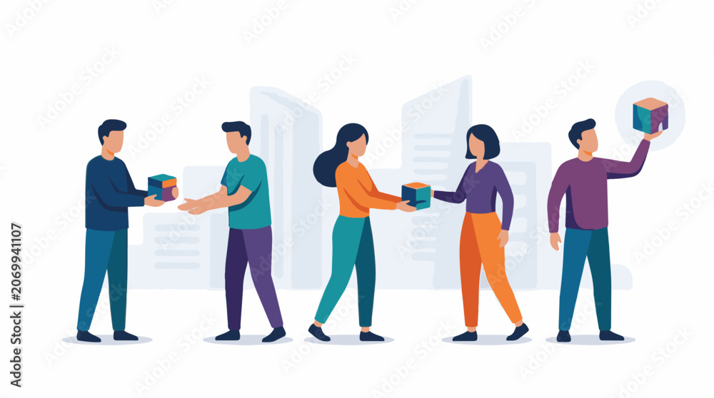 Fototapeta premium Colorful illustration of people passing boxes in a line