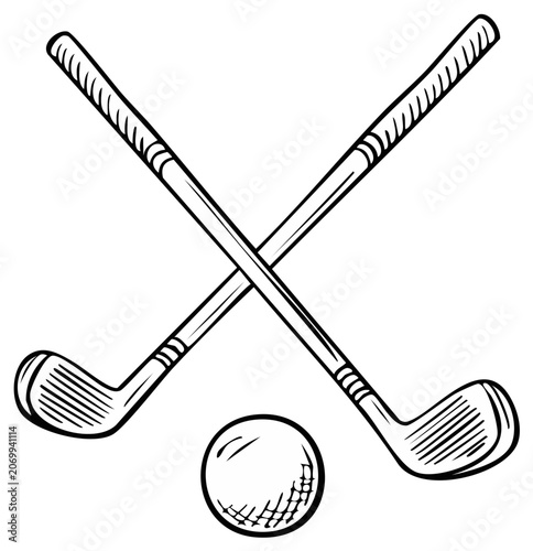Crossed golf clubs and ball illustration, black and white sketch