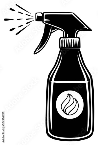 Black and white illustration of a spray bottle with a flame design.