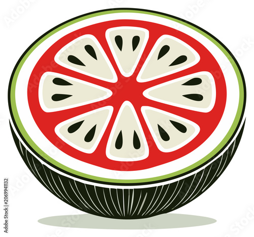 Stylized Slice of Watermelon with Seed Pattern and Striped Rind