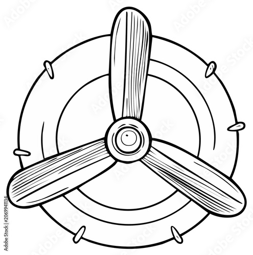 Retro airplane propeller graphic with three blades and circular casing