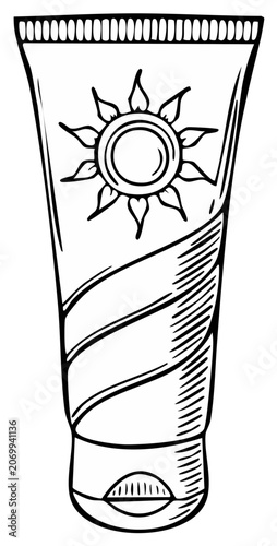 Sunscreen tube drawing of sun, protection cream illustration for summer vacation
