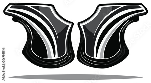 Symmetrical abstract graphic emblem with curved monochrome stripes and glossy stylized shapes