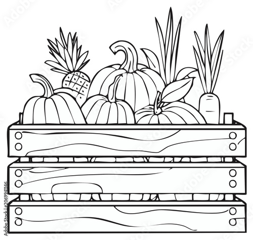 Harvest Crate with Pumpkins and Vegetables Line Art for Coloring Book Page