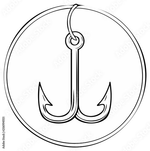 Fishing hook illustration inside a circular frame, black and white outline.