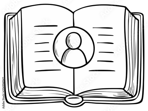 Open book with character illustration, black and white drawing in a doodle cartoon style