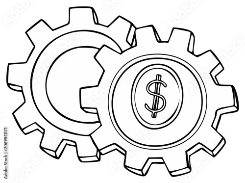 Gears Turning with Dollar Sign Outline Illustration Business and Finance Concept Depicted in Black and White Vector Graphic