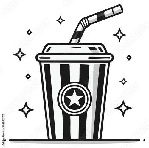 Sparkling Striped Beverage Cup with Star Emblem and Straw Refreshment Illustration