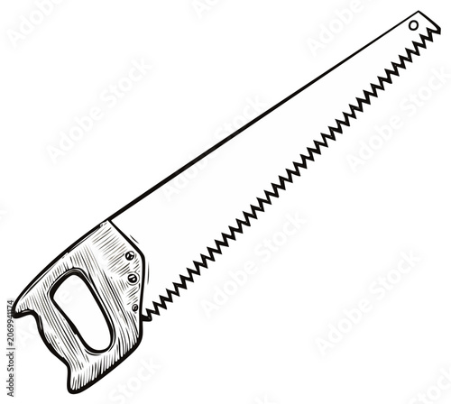 Black and White Illustration of a Long Hand Saw with Wooden Handle