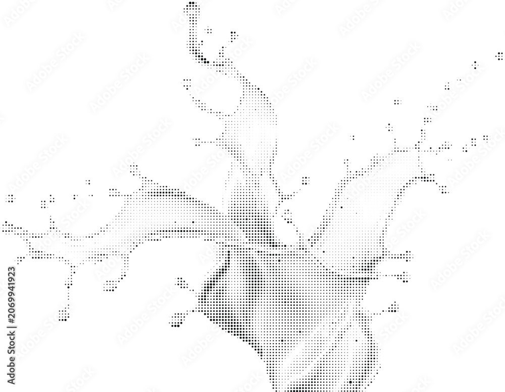 Obraz premium Monochrome abstract splash of liquid in halftone dot effect isolated on checkerboard background graphic illustration.