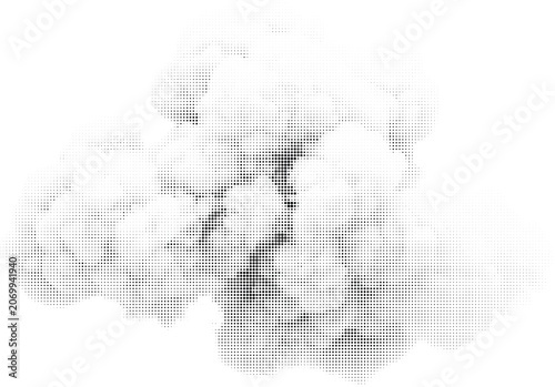 Abstract explosion of dots creating organic shapes with chaotic yet artistic composition in monochrome tones.