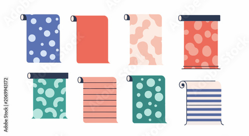 Colorful patterned fabrics on rolls