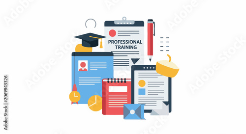 Colorful professional training illustration with various documents, graduation cap, and stationery