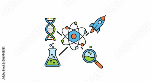 Colorful science icons including DNA, atom, rocket, beaker, and magnifying glass