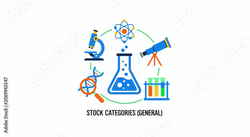 Colorful science symbols around a beaker