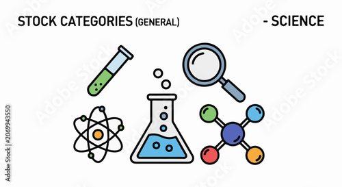 Colorful science icons including test tube, atom, flask, magnifying glass, and molecule