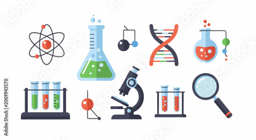 Colorful science icons including atom, beaker, DNA, test tubes, microscope