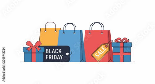 Colorful shopping bags and gifts with black friday sale tag