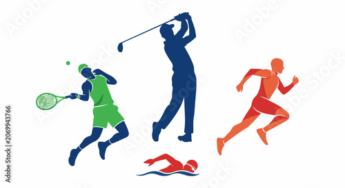 Colorful silhouettes of four sports players in action