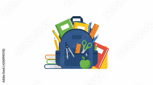Colorful school backpack overflowing with books, pencils, and other supplies
