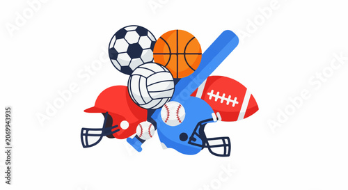 Colorful sports equipment illustration featuring balls and helmets