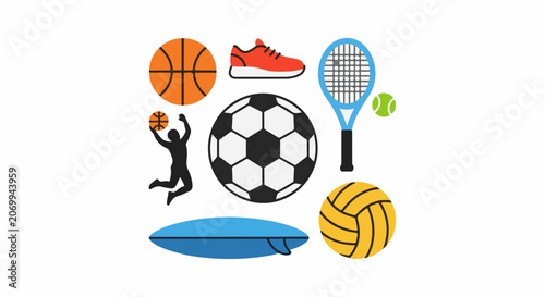 Colorful sports icons including balls, shoe, racket, surfboard, and athlete