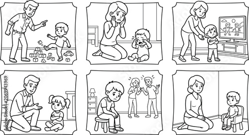 Foto Family Relationship and Child Psychology Coloring Page Set with Angry Parents Di