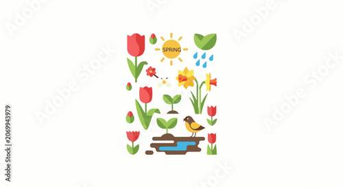 Colorful spring graphic with flowers, bird, sun, and raindrops