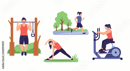 Four people exercising outdoors and indoors in various fitness activities