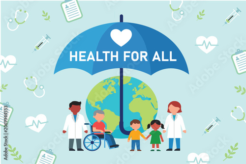 Health for all concept with doctors and patients under umbrella