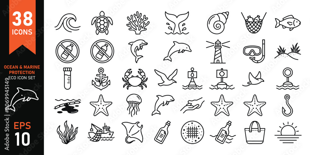 Fototapeta premium Ocean and Marine Protection Icons - Sea Life, Conservation, and Ecology, Marine Life and Ocean Conservation, Eco-Friendly Ocean Protection Line Art Vector Set