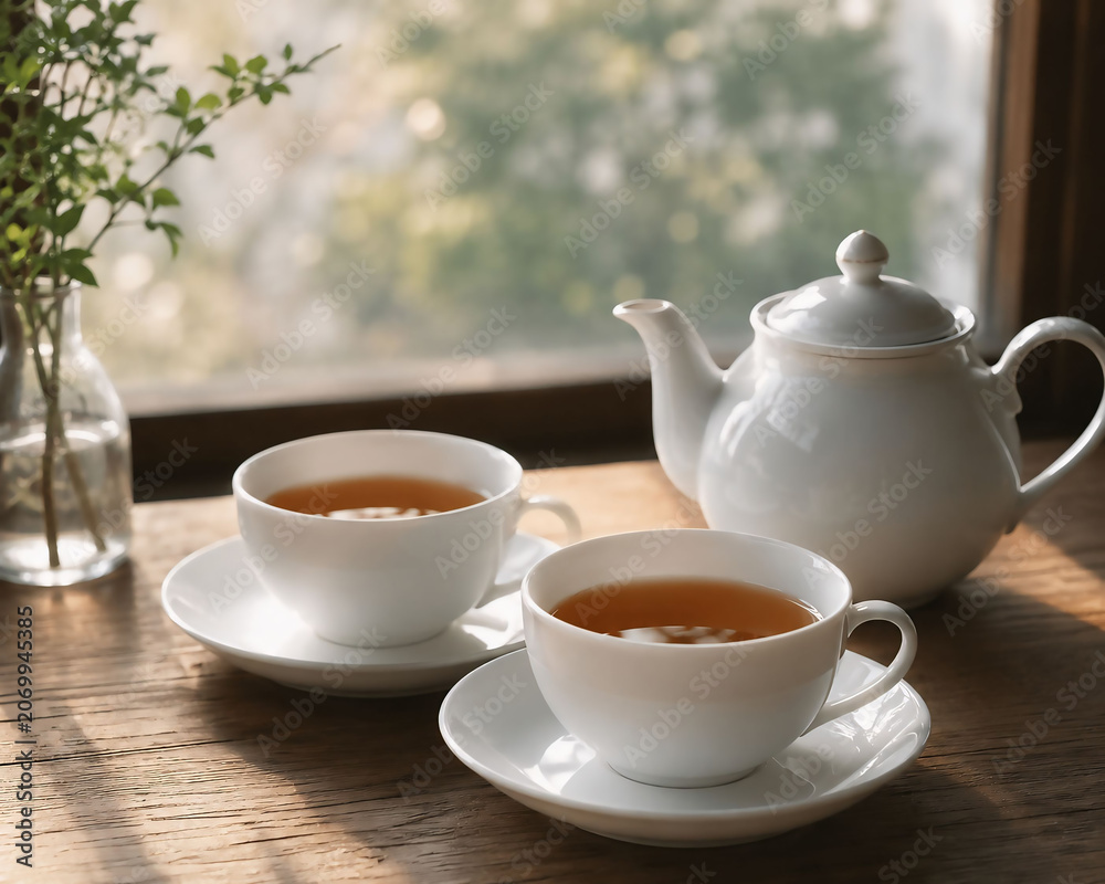 Fototapeta premium Tea cups, white ceramic teacups, saucers, teapot on wooden table, morning sunlight