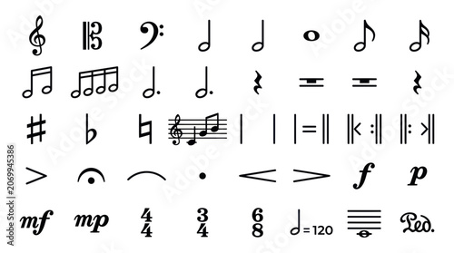 Set of professional musical notation symbols and notes