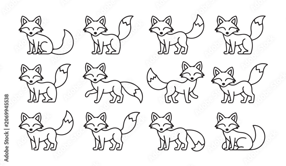 Obraz premium Set of vector outline cartoon foxes, cute forest animal characters in various poses.