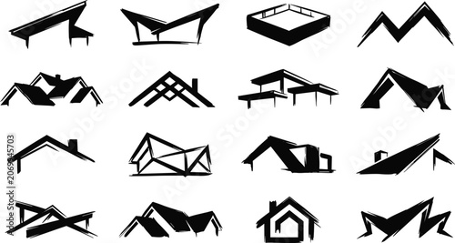 Collection of black and white hand-drawn house roof and architectural building silhouettes