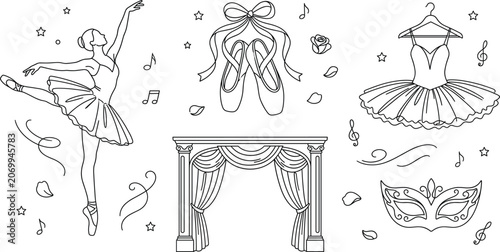 Bild auf Leinwand Ballet dancer and theater stage line icon set featuring ballerina pointe shoes a