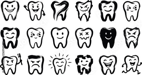 Collection of hand drawn tooth with various facial expressions and emotions in a black and white style