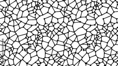Seamless pattern with black geometric network of interconnected lines and dots on white background