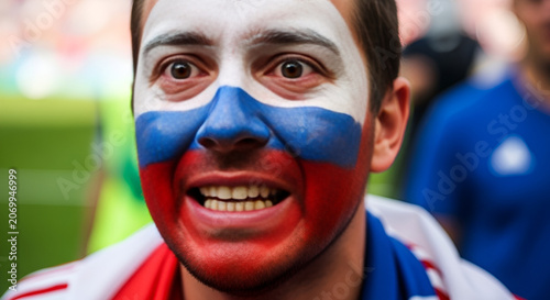 Passionate Russian Fan with Face Paint at Sports Event