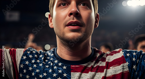 Patriotic man wearing American flag shirt, cheering in stadium crowd, close-up